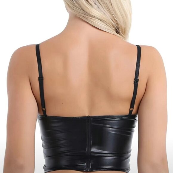 FAUX LEATHER SOLID CROP HALTER TOP XL - Picture 2 of 2